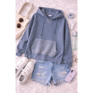 Aerie Women's Sun Washed Blue Split Neck Raw Hem Hoodie Sweatshirt Size M